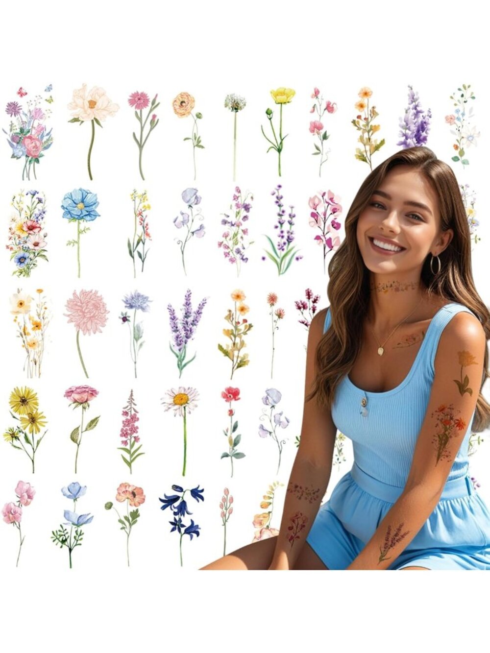Realistic Floral Temporary Tattoos for Women - 18 Sheet Long-Lasting Stickers